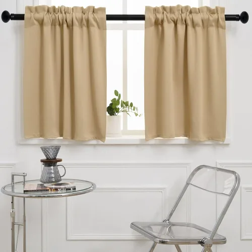 Vista 45 de Pickluc Cortina opaca de cocina de 20 pulgadas de largo, con bolsillo para barra, cortinas para ventanas pequeñas en sala de estar, sótano Beige