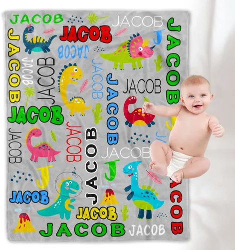 Vista 25 de YESCUSTOM Manta de forro polar de dinosaurio personalizada para niños y niñas, manta de texto personalizada para regalo de cumpleaños y ducha