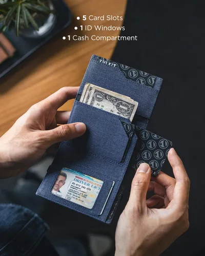 Vista 3 de VULKIT Billetera desplegable para tarjetas con soporte AirTag con bloqueo RFID, soporte para tarjetas de crédito con compartimento para billetes