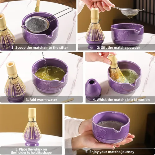 Vista 3 de Juego de té matcha tradicional con batidor de bambú, cuenco y soporte de cerámica morado, estilo japonés de 3 piezas (púrpura)