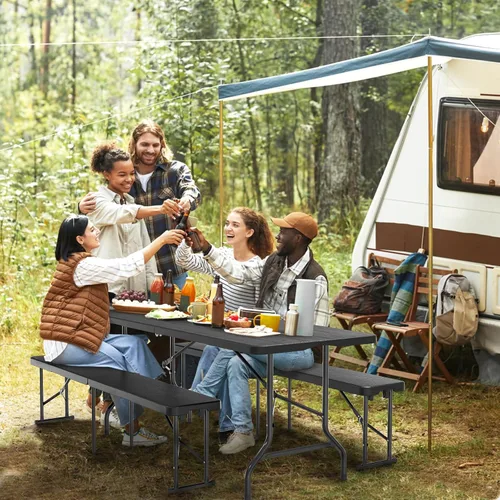 Vista 5 de VINGLI Mesa plegable de plástico de 6 pies, mesa larga portátil para uso en interiores y exteriores, rectangular con asa de transporte, mesa