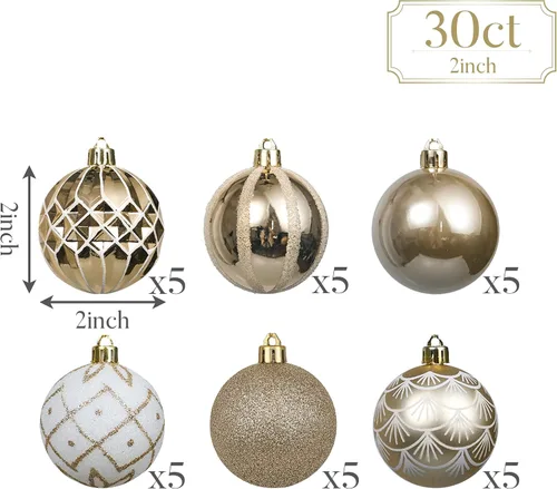 Vista 3 de Valery Madelyn Juego de Adornos Navideños para Árbol de Navidad, 30 Piezas de 5 cm Adornos de Bolas de Navidad Inastillables en Blanco y Oro Oro