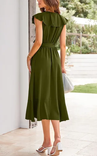 Vista 4 de PRETTYGARDEN - Verano 2024, vestido cruzado por debajo de la rodilla para mujer, con cuello en V profundo, estilo bohemio, floral, manga corta