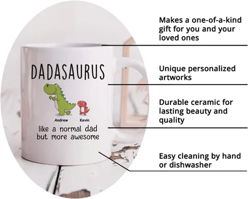 Vista 6 de Gossby Taza de Café Personalizada DADASAURUS – Regalo Personalizado para Papá de Niño, Hija, Hijo, Esposa Con Diseño, Nombres – Divertido Día