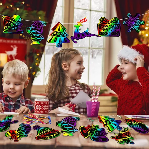 Vista 7 de Max Fun - Arte de rascar navideño para niños, 48 piezas de tarjetas de papel mágico arcoíris, adornos navideños para colgar, suministros