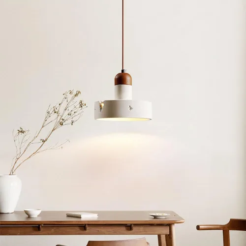 Vista 5 de Lámpara colgante industrial vintage, cilindro de piedra, iluminación de isla de cocina con cable ajustable de madera, cemento, mini accesorio