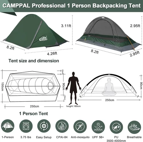 Vista 5 de camppal Tienda de campaña para 1 persona para acampar, senderismo, caza de montaña, tiendas de mochilero, resistencia a las 4 estaciones a prueba