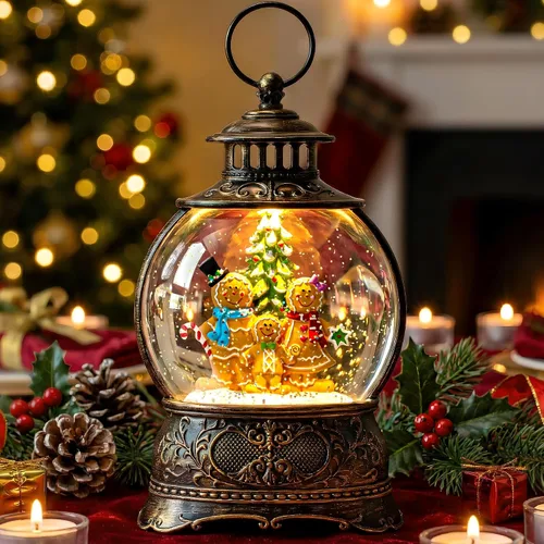Vista 26 de Globo de nieve navideño con agua brillante, escena de cardenal con música y temporizador, linterna iluminada con USB/operada por batería