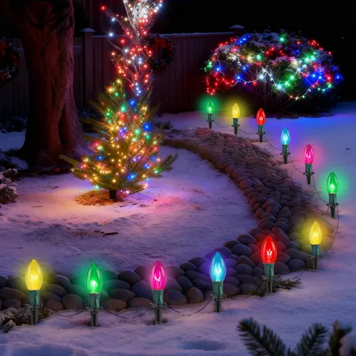 Vista 10 de 11.58m luces LED multicolor para camino de Navidad, 25 luces multicolor extensibles resistentes al clima para camino de Navidad con bombillas LED C9