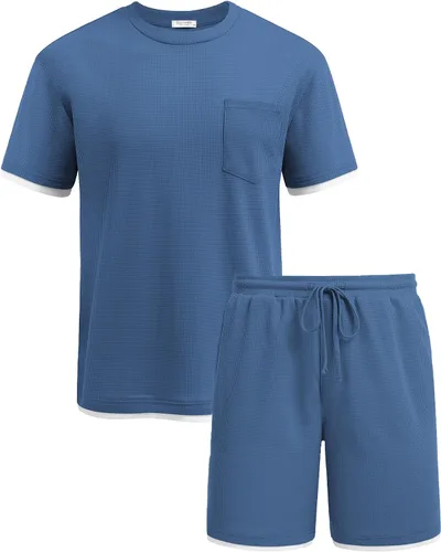 Vista 29 de COOFANDY Conjunto de camisa y pantalones cortos de gofre para hombre, conjunto de 2 piezas, conjunto casual de verano con bolsillos