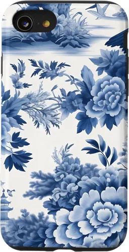 Vista 18 de iPhone 16 White and blue Chinoiserie Botanical Floral Bird Classic Case