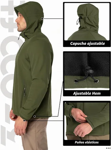 Vista 5 de 33,000ft Chaqueta de softshell con capucha para hombre, impermeable, ligera, aislada, cortavientos, forro de forro polar, chaqueta de lluvia Verde