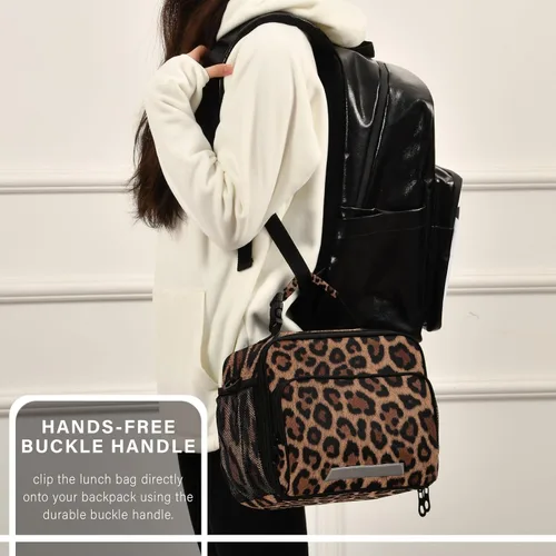 Vista 6 de Fiambrera aislada, suave, bolsa de almuerzo con estampado de leopardo para oficina, trabajo, escuela, picnic, playa