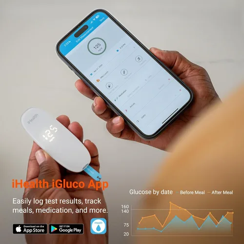 Vista 4 de Kit de monitorización de glucosa inalámbrico inteligente iHealth Gluco+ con aplicación gratuita, 100 tiras de glucómetro, 100 lancetas, 1 monitor