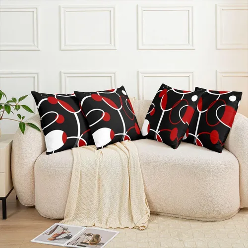 Vista 2 de Juego de 4 fundas de almohada geométricas de 20 x 20 pulgadas, fundas de almohada modernas de color rojo, blanco y negro para cama, sofá, fundas