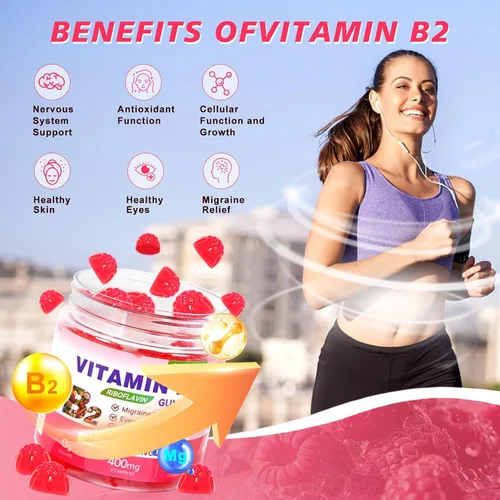 Vista 6 de Gomitas de vitamina B2 con riboflavina de 400 mg con magnesio para niños y adultos, gomitas B2 para aliviar la migraña, alivio del dolor de cabeza