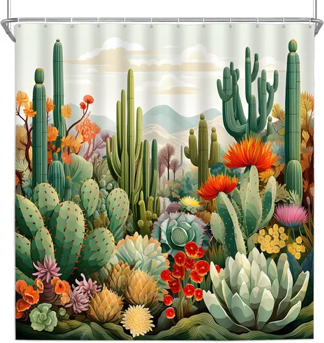 Vista 6 de Cortinas de ducha de cactus con plantas tropicales y flores, flores suculentas, desierto, montaña, paisaje, decoración de baño, cortinas de tela