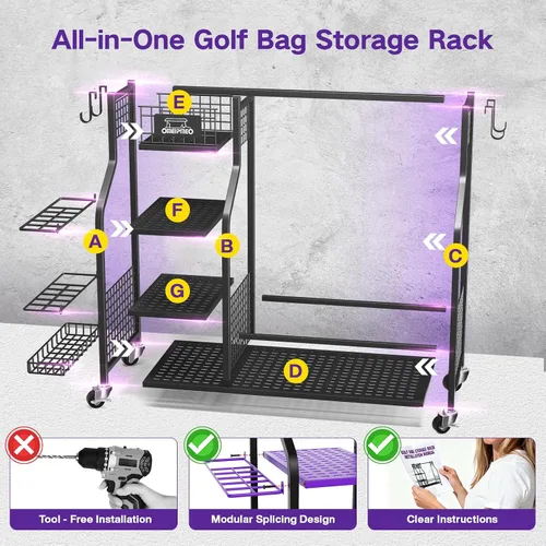 Vista 8 de Organizador de almacenamiento de bolsas de golf, soporte de almacenamiento para bolsas de golf y otros accesorios de equipo de golf, estante