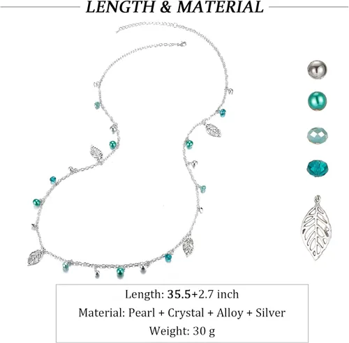 Vista 6 de Collar largo de cadena de plata para mujer, colgante bohemio, cadena de suéter con perlas de cristal, collares de cuentas de moda, joyería de plata