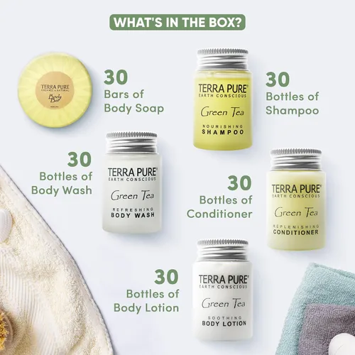 Vista 4 de Terra Pure Juego de jabones y artículos de tocador para hotel a granel Kit de amenidades 1-Shoppe Champú y acondicionador de 1 oz, gel de baño