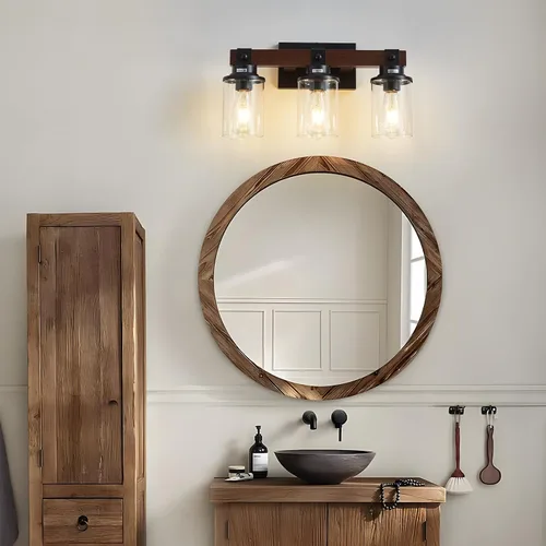 Vista 2 de Lámpara de tocador de madera de granja para baño, 3 luces de baño sobre espejo, apliques de pared rústicos con pantalla de metal para baño