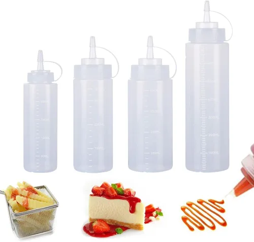 Vista 23 de Botellas de plástico de 3 colores de 12 onzas, botellas para apretar condimentos, botella multiusos para salsa de tomate, aceite, mermelada, salsa