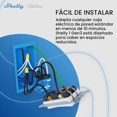 Vista 2 de Shelly 1 Gen3, interruptor de relé inteligente WiFi con contactos secos, 1 canal 16A, compatible con Alexa, Home Assistant, SmartThings y Google