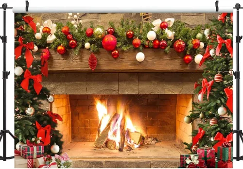 Vista 4 de Lofaris Telón de fondo de chimenea de Navidad de 5 x 3 pies, diseño vintage de árbol de fuego, medias rojas, regalos de fondo de fotografía