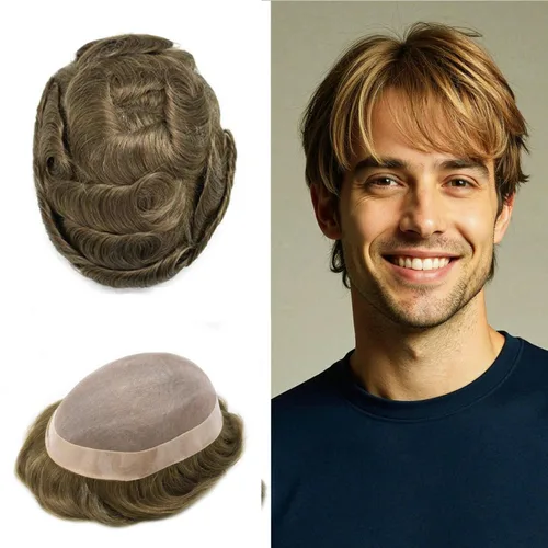 Vista 111 de Mens Toupee Hair Piece Real Human Hair Fine Mono Toupee para hombres Sistema de reemplazo de cabello para hombre Postizo Protesis Capilar Para