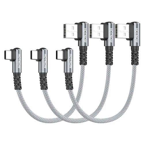 Vista 12 de Cable USB C corto de ángulo recto de 0.5 pies, paquete de 3 cables de carga USB C de 6 pulgadas, cable de carga rápida trenzado de nailon