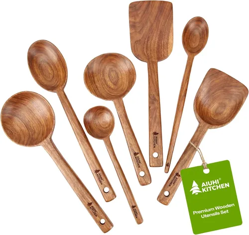 Vista 11 de AIUHI 2 espátulas de madera, mango largo de madera de teca, espátula plana para freír, utensilios de cocina antiadherentes para cocina