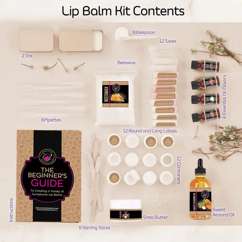 Vista 2 de Kit de bricolaje 𝗣𝗥𝗘𝗠𝗜𝗨𝗠 de CraftZee para hacer bálsamo labial. Pack de brillo labial DIY, cera de abeja natural, manteca de karité, aceite