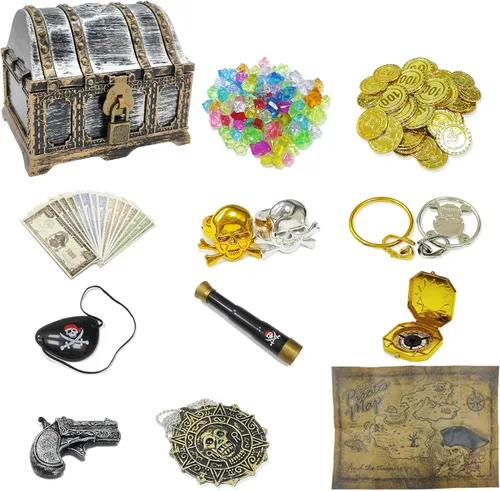 Vista 7 de Cofre del tesoro pirata con marco dorado para niños con cerradura y llave, almacenamiento de colección de tesoros y caja decorativa para favores