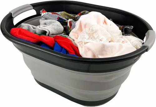 Vista 7 de SAMMSAMMART - Juego de 2 cestas plegables ovaladas de plástico para la ropa sucia de 28 litros (7.4 galones), contenedor de almacenamiento plegable