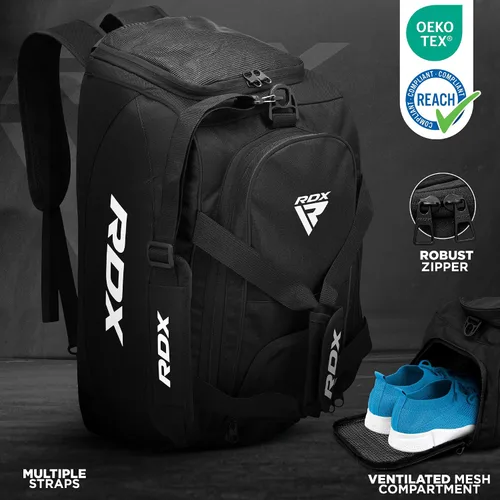 Vista 2 de RDX Bolsa de gimnasio de 50 litros con compartimento ventilado para zapatos, mochila todo en uno, bolsa de lona para deportes de fitness, artes