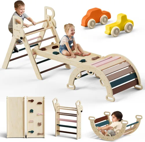Vista 15 de BlueWood Pikler - Juego de triángulos 7 en 1 plegables, juguetes de escalada Montessori de madera con arco y rampa y escalera, escalador para bebés