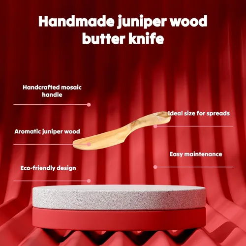 Vista 6 de Saaremaa Nordic Art Store - Cuchillo de mantequilla de madera de enebro hecho a mano con mango de mosaico