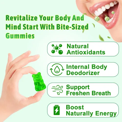 Vista 4 de Gomitas de clorofila – Super Green 13 en 1 con Ashwagandha Vitamina C Zinc y Cobre para Olor Corporal, Energía de la Piel Desodorante de Apoyo