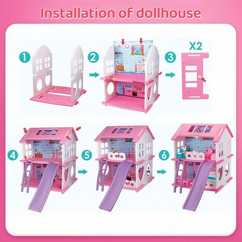 Vista 4 de Casa de muñecas, con sala de estar, dormitorio, baño, muebles de cocina, casa de muñecas de doble cara con 1 muñeca, 3 juegos de ropa, luces