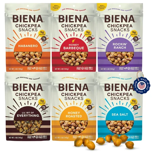 Vista 15 de Biena Bocadillos crujientes de garbanzos tostados, barbacoa, alto en proteínas, alto en fibra, sin gluten, a base de plantas, sin OMG, aperitivos