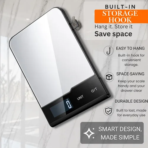 Vista 7 de Báscula digital de cocina, 22 libras, acero inoxidable, gramos y onzas para hornear y cocinar, precisión de 0.04 oz