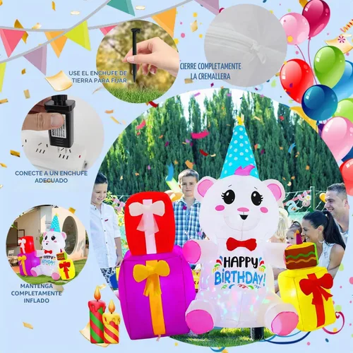 Vista 6 de Caja de regalo de cumpleaños inflable de 6 pies con oso, luces LED incorporadas y luces giratorias de colores, decoración inflable de feliz