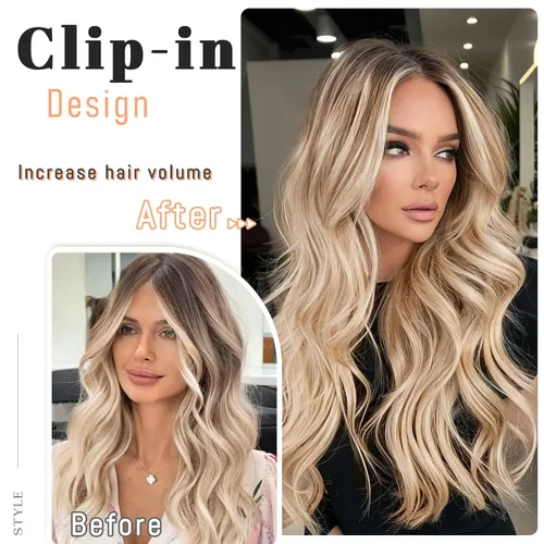 Vista 5 de Extensiones de cabello con clip de Vigorous de 20 pulgadas, con reflejos rubio playa, extensiones de cabello ondulado largo y suave de cabello