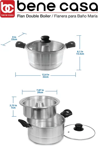 Vista 2 de Bene Casa - Caldera doble de molde de flan de aluminio con tapa de vidrio (1.6 litros) - Incluye sartén interior de aluminio (8") - Apta