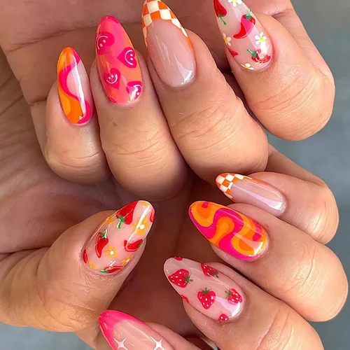 Vista 13 de Uñas postizas cortas francesas en forma de almendra con diseño de línea dorada y estampado de leopardo, uñas artificiales acrílicas de cobertura