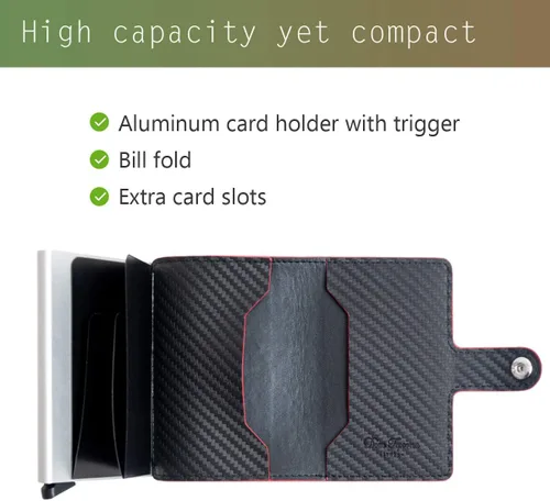 Vista 4 de Dom Teporna Italy Quick Eyect Trigger System Cartera de cuero de grano completo y cuero de carbono para tarjetas, Negro