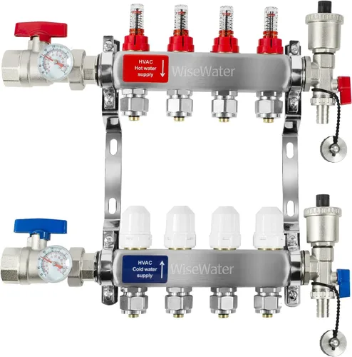 Vista 8 de AB Colector PEX de 2 bucles/radiante, salidas compatibles de 1/2 pulgada, válvula de flujo de hasta 1.4 GPM para calefacción radiante hidrónica