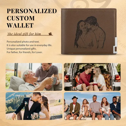 Vista 35 de Carteras personalizadas para hombres, cartera personalizada para hombre con imagen grabada y nombre, billetera delgada de cuero plegable, regalos