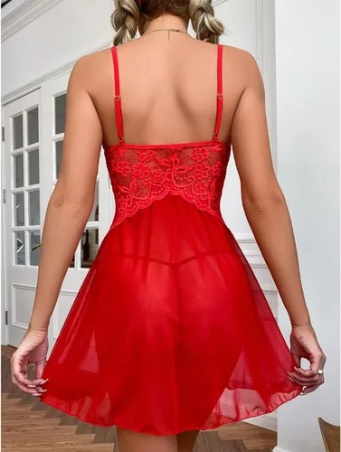 Vista 4 de Conjunto de lencería sexy de encaje para mujer, conjunto de ropa interior hueca, color sólido, cuello en V profundo, traje dividido