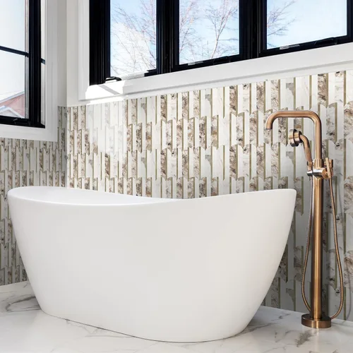 Vista 4 de 10 hojas de escamas de pescado para despegar y pegar para azulejos de pared de cocina, 12 pulgadas, mármol marrón, mezcla de metal dorado, azulejos